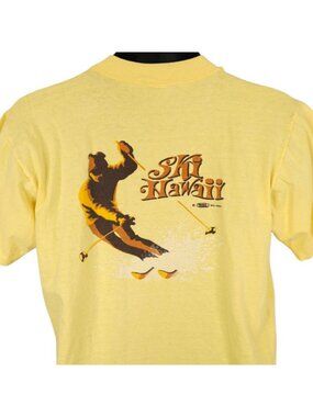 Vintage Ski Hawaii T Shirt Mens Size Large Yellow 70s Crazy Shirts Made In USA